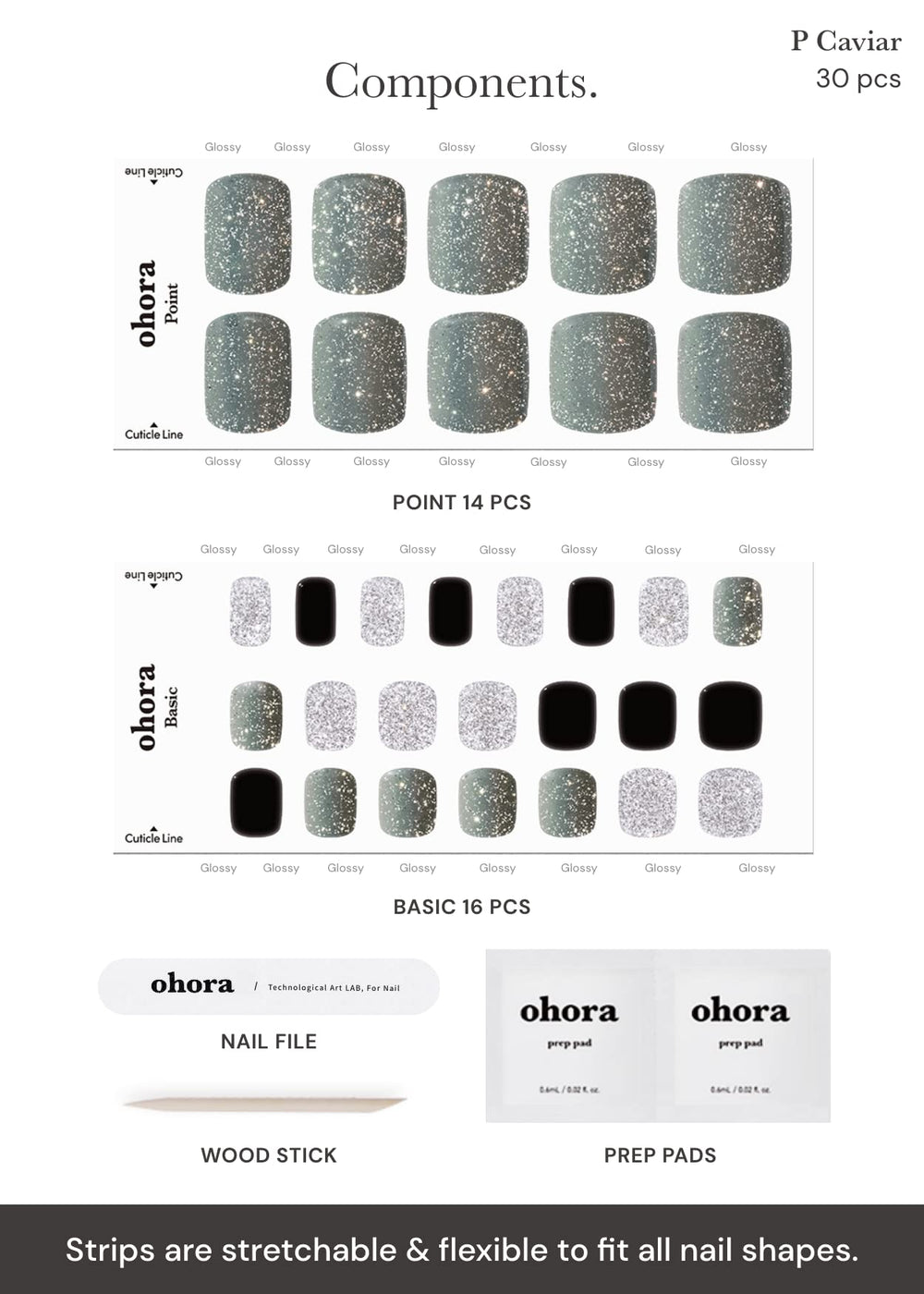 ohora semi cured gel pedi strips p caviar contents prep pads file and stick for prep and set