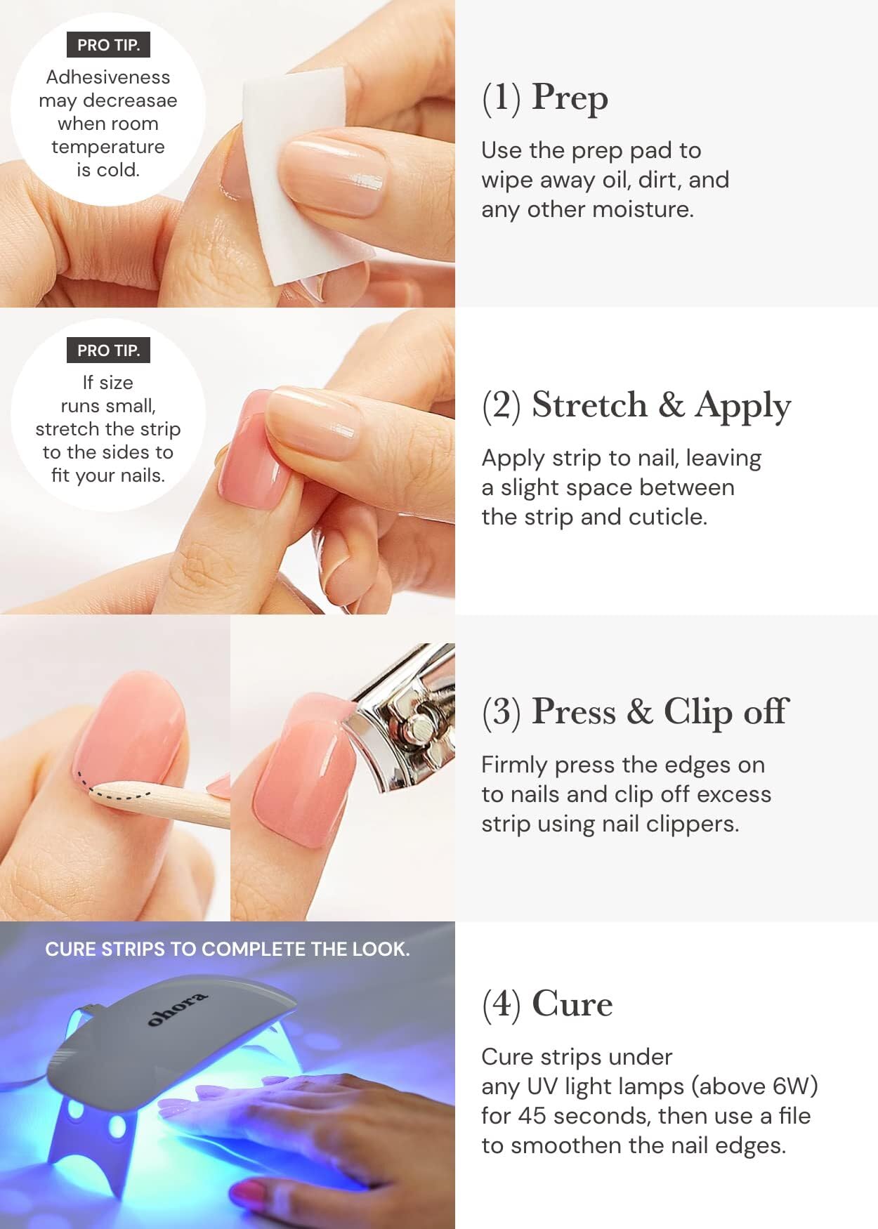 ohora Semi Cured Gel Nail Strips N Glossiest included tools aid prep and removal