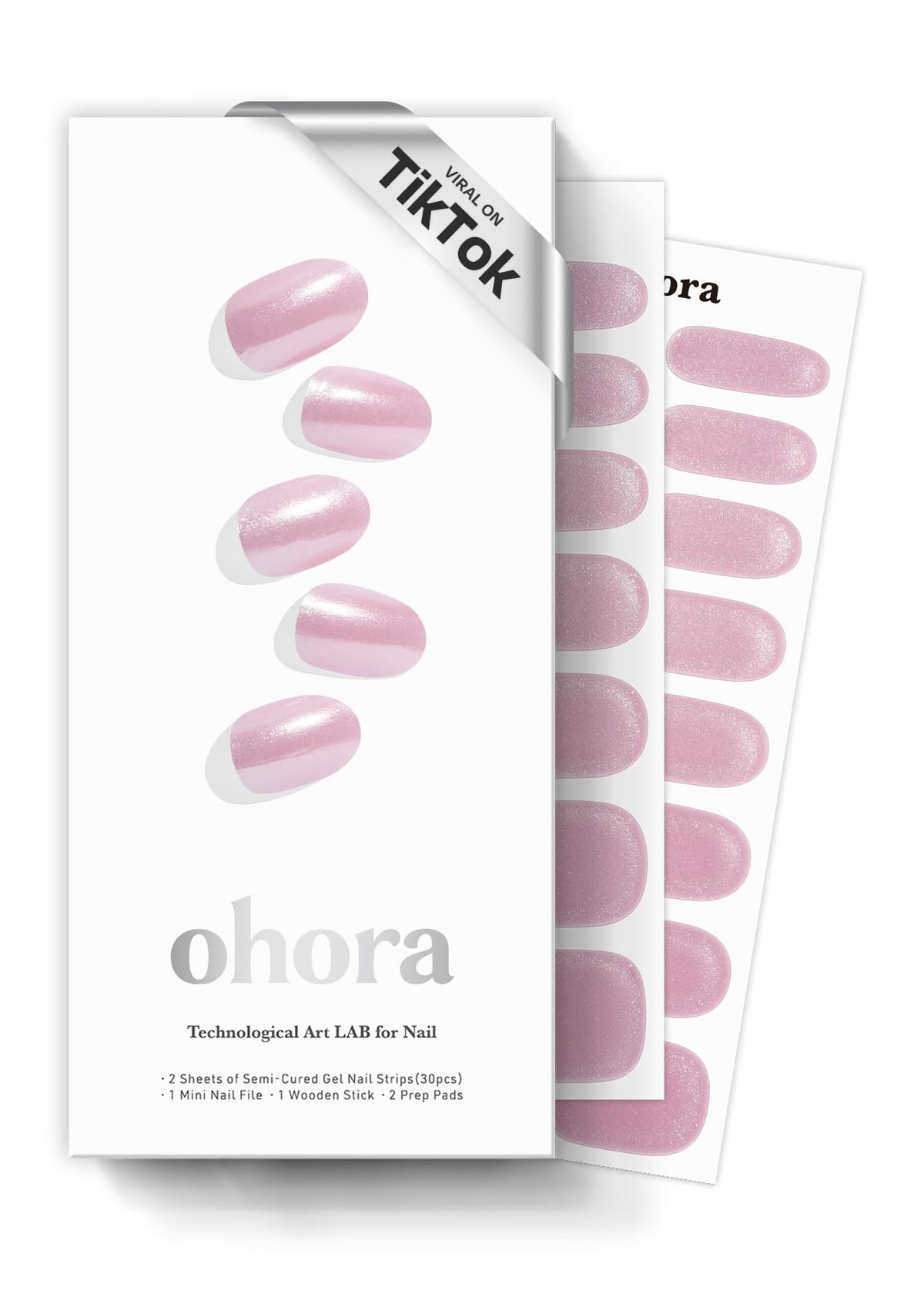 ohora semi-cured nail strips box shows N Baby Pink Chrome for quick at-home manicure