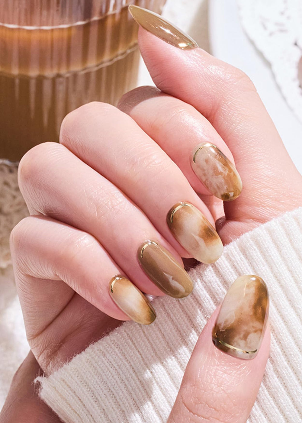 ohora semi-cured nail strips n cafe creme close-up wraps highlights flexible fit for many nail shapes