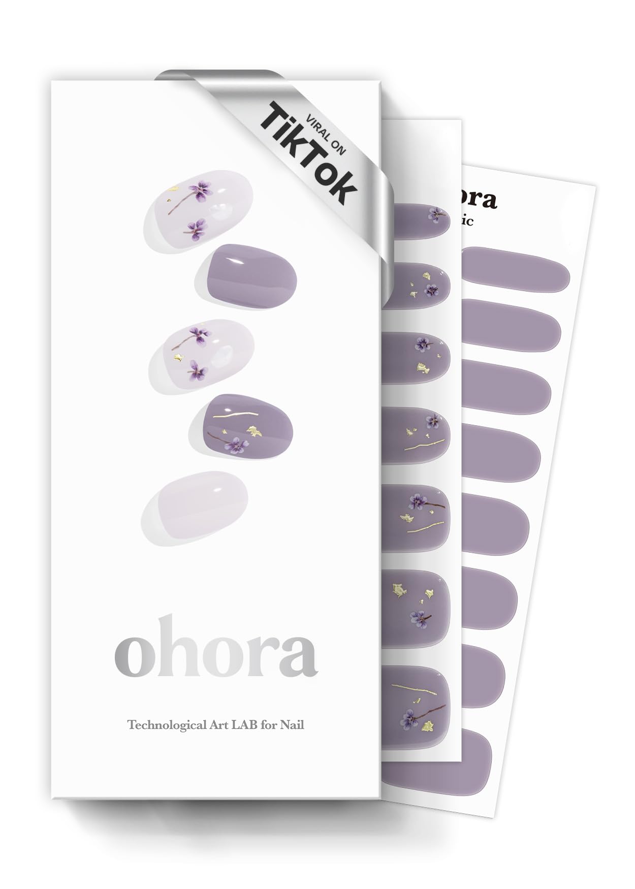 Ohora semi-cured nail strips N Dancing Flower pack shot shows glossy, long-lasting color.