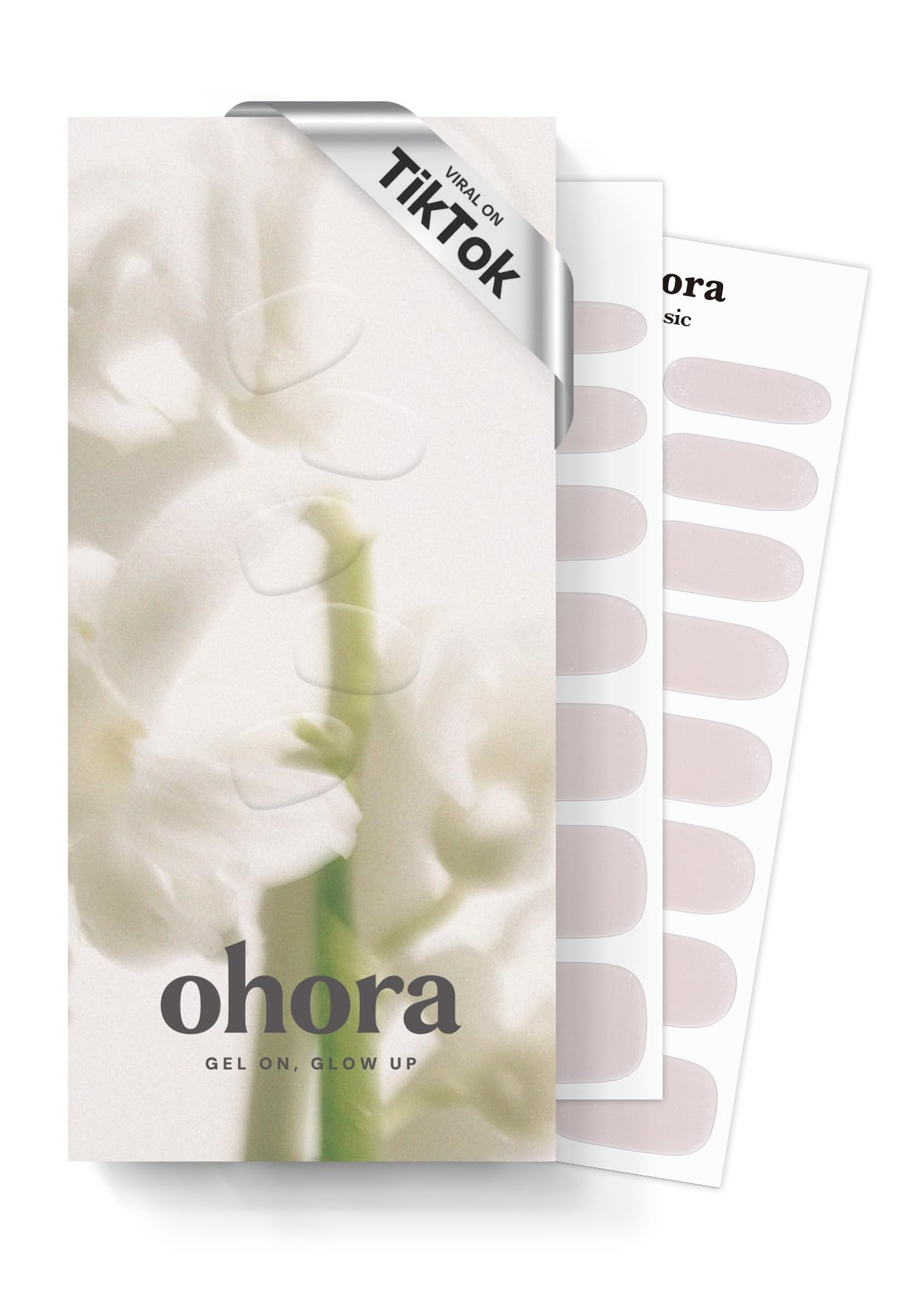 ohora semi-cured nail strips N Glazed Glow box shows easy at home manicure setup for fast glam
