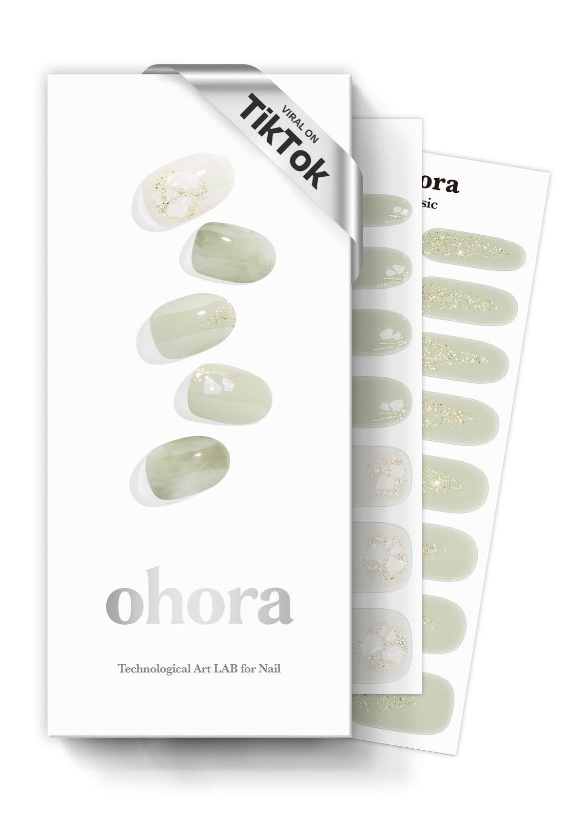 ohora semi-cured gel nail strips green-tea box-front for an easy at-home manicure option.
