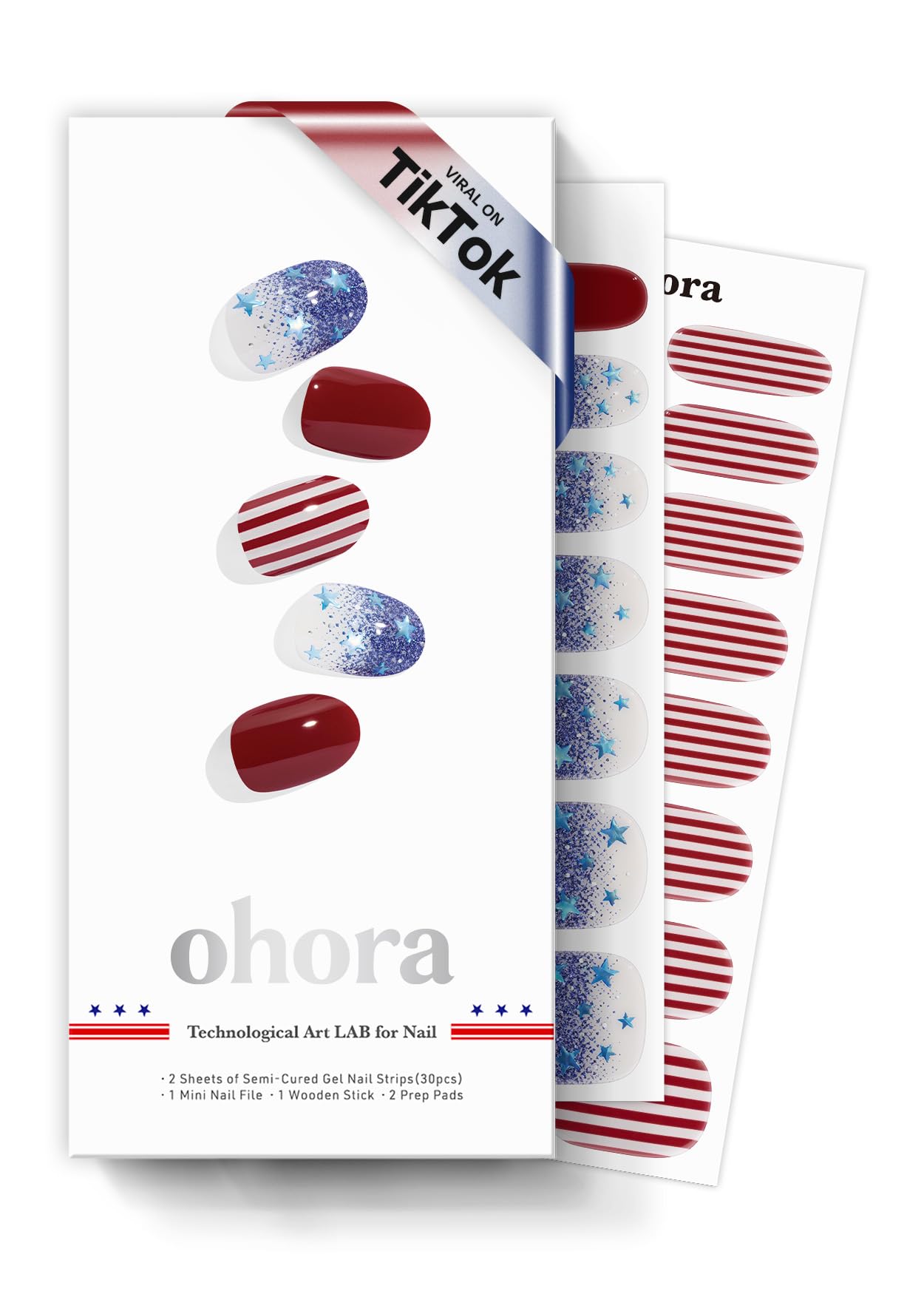 ohora Semi Cured Gel Nail Strips N Spangled Burst box showing 30 wraps for salon-quality nails