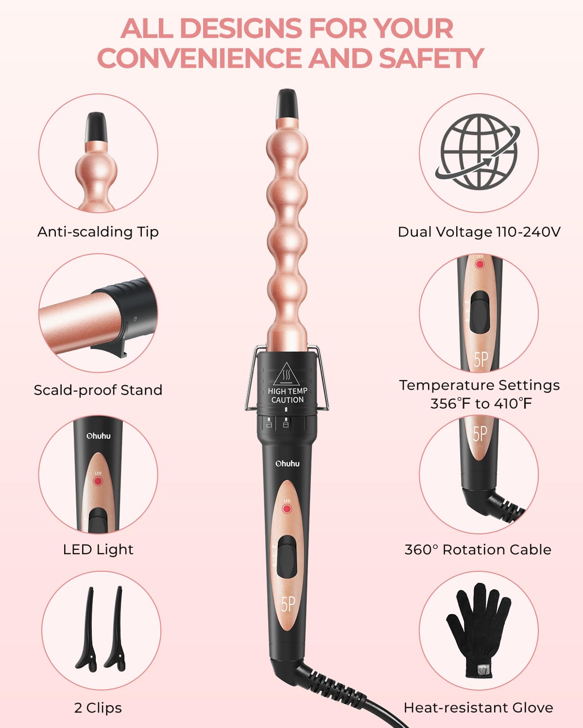 Ohuhu dual voltage curling wand ready for worldwide travel styling.