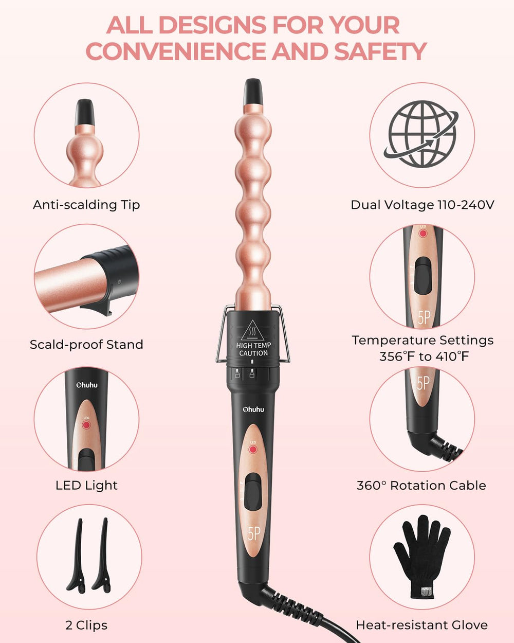 Ohuhu dual voltage curling wand ready for worldwide travel styling.
