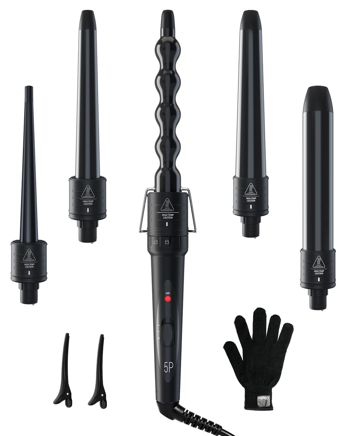 Ohuhu 5in1 curling wand set variety barrels demonstrate multiple curl sizes for versatile styling.