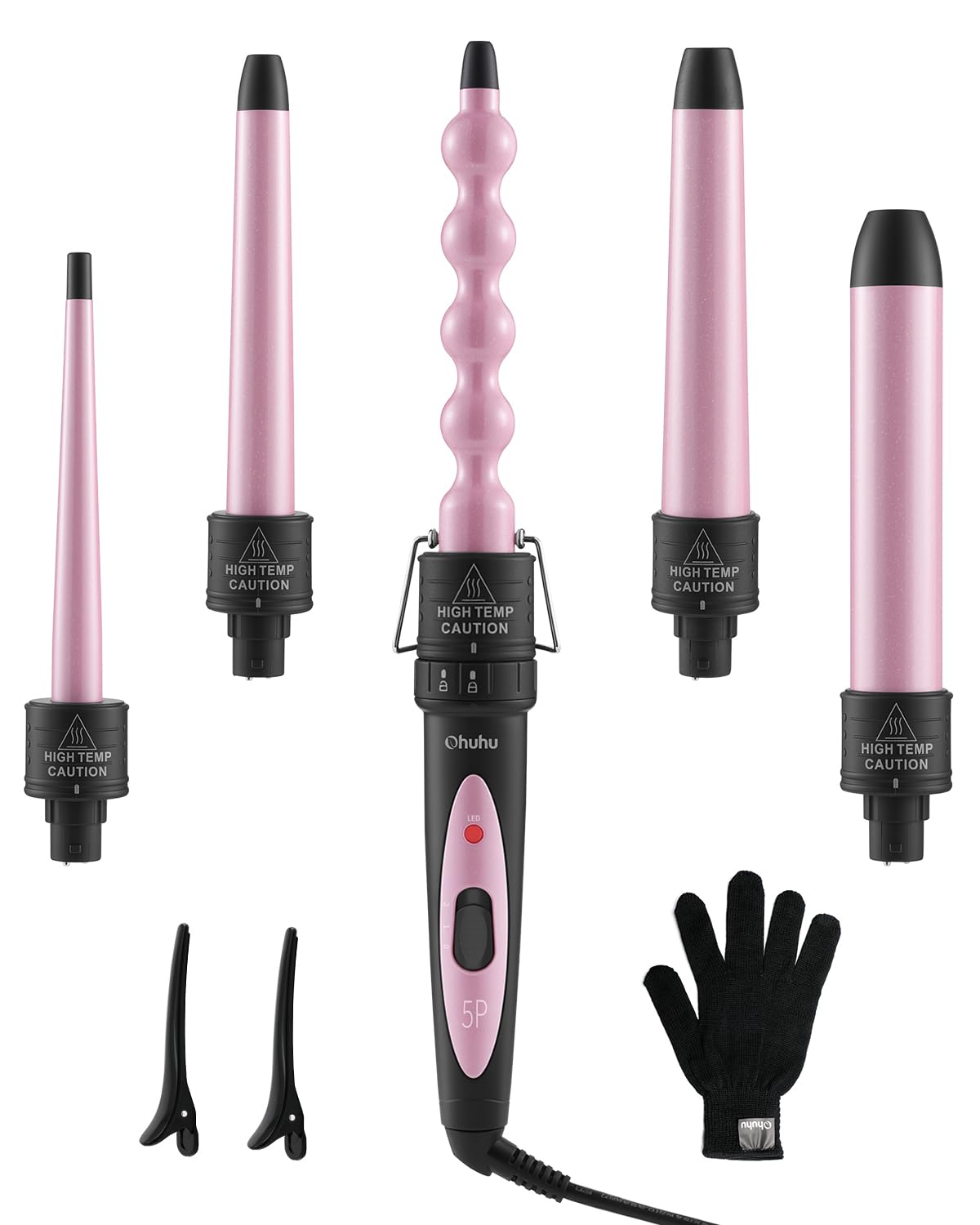 Ohuhu curling wand set closeup of ceramic barrels showing versatile 5-in-1 styling options.