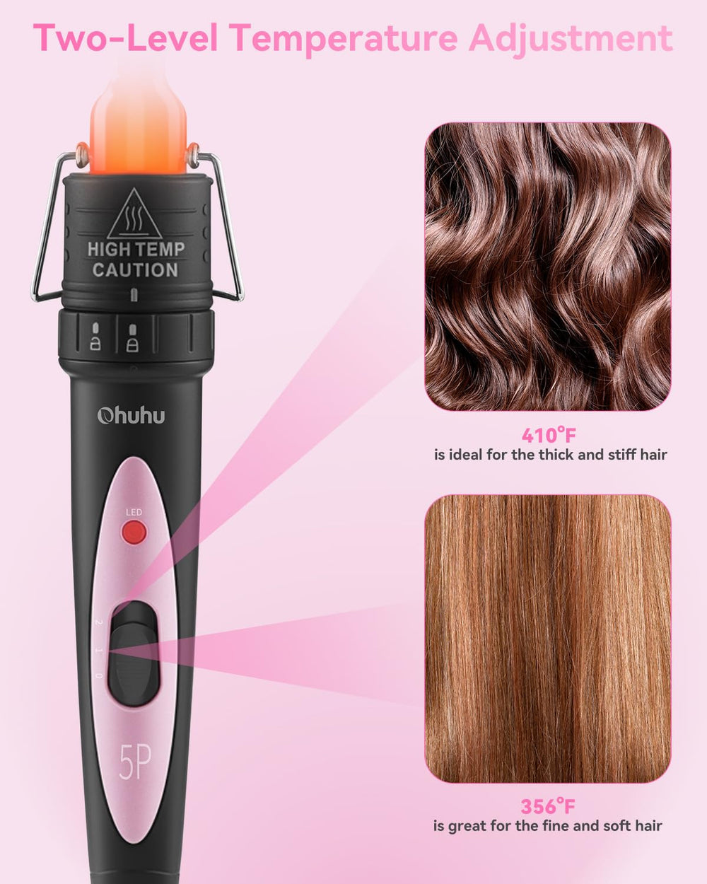 Ohuhu curling wand set pink handle adds stylish, comfortable grip.