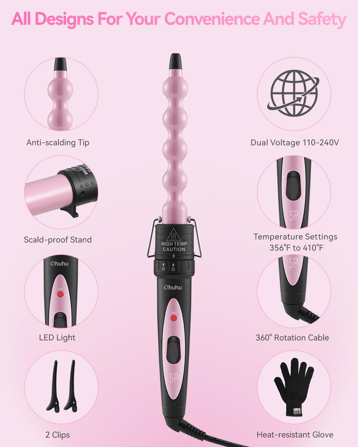 Ohuhu curling wand set travel-ready design for on-the-go styling.