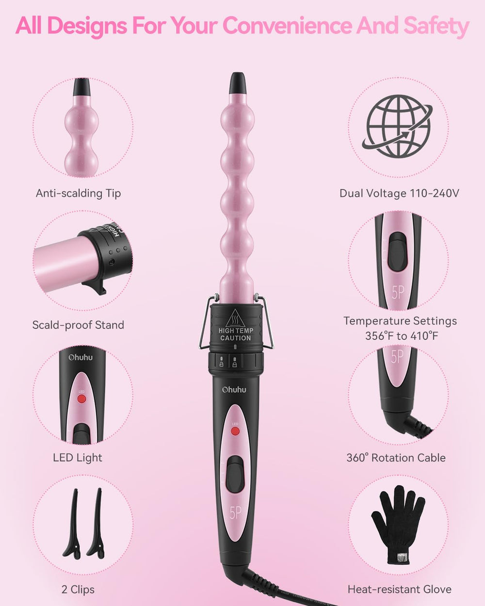 Ohuhu curling wand set travel-ready design for on-the-go styling.