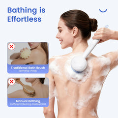 Oh,XIYU electric back scrubber two-heads assembly shows interchangeable heads for customization
