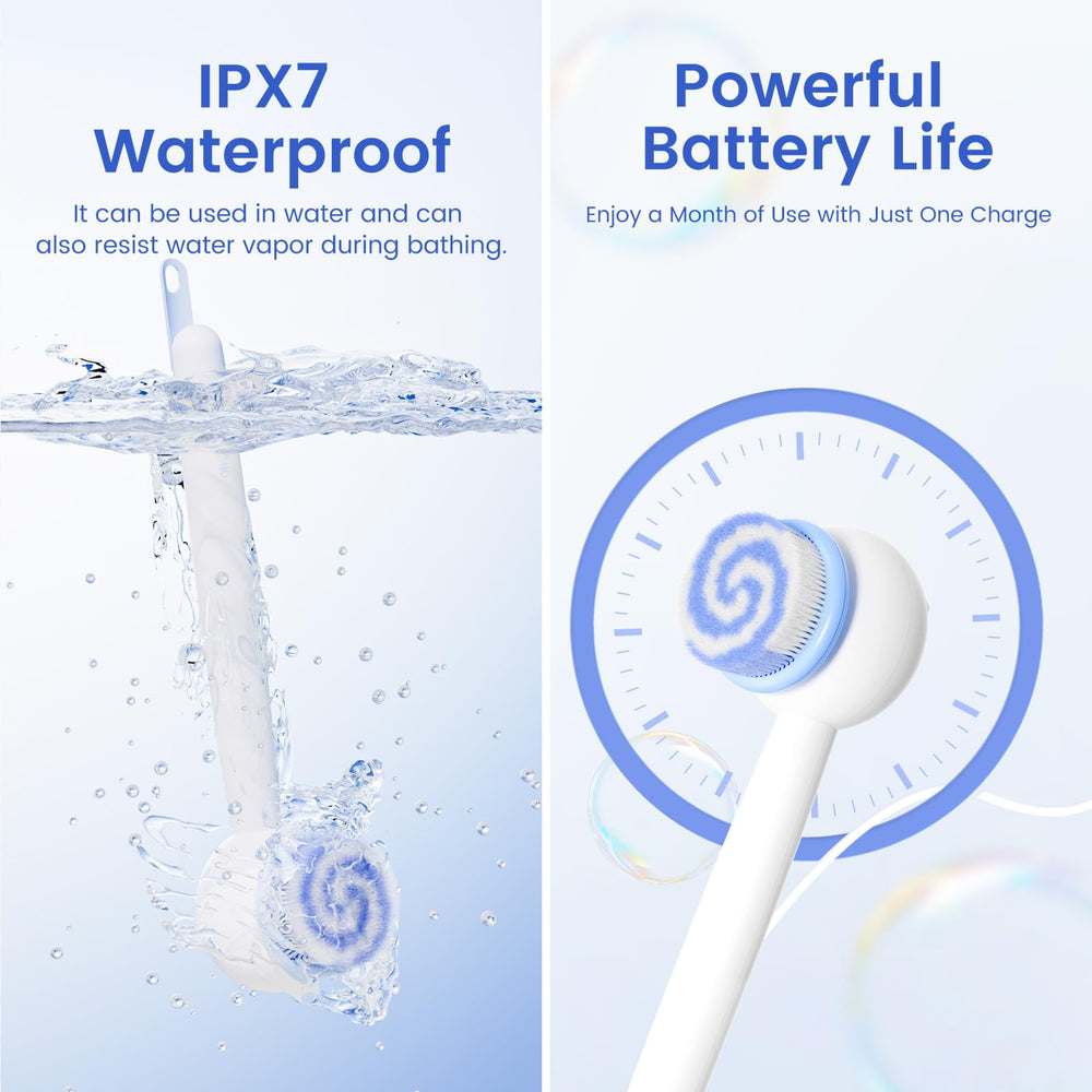 Oh,XIYU electric back scrubber ultra-soft bristles close-up showing gentle cleansing