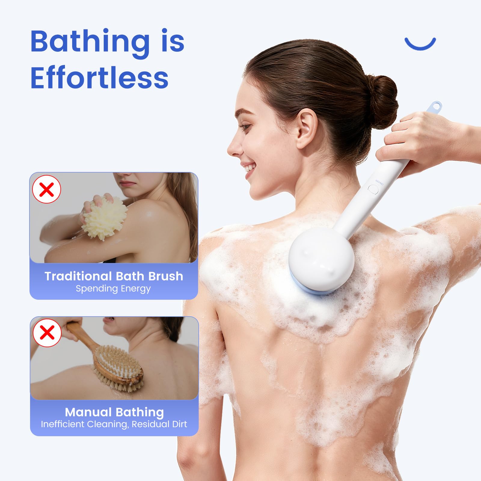 Oh,XIYU back scrubber with lollipop-textured bristles delivering gentle exfoliation.
