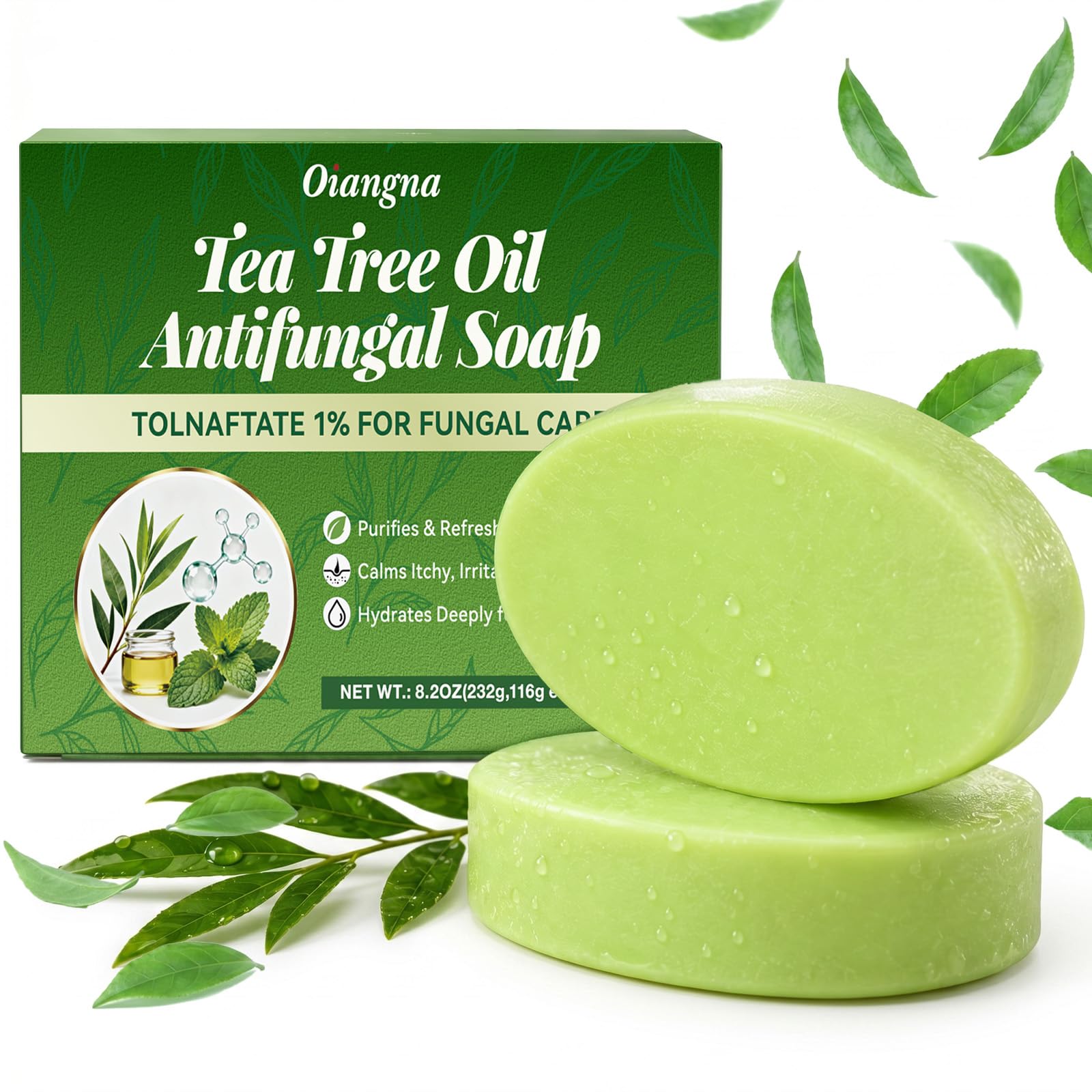 Oiangna front packaging showing two tea tree soap bars and clear labeling for quick identification and benefit
