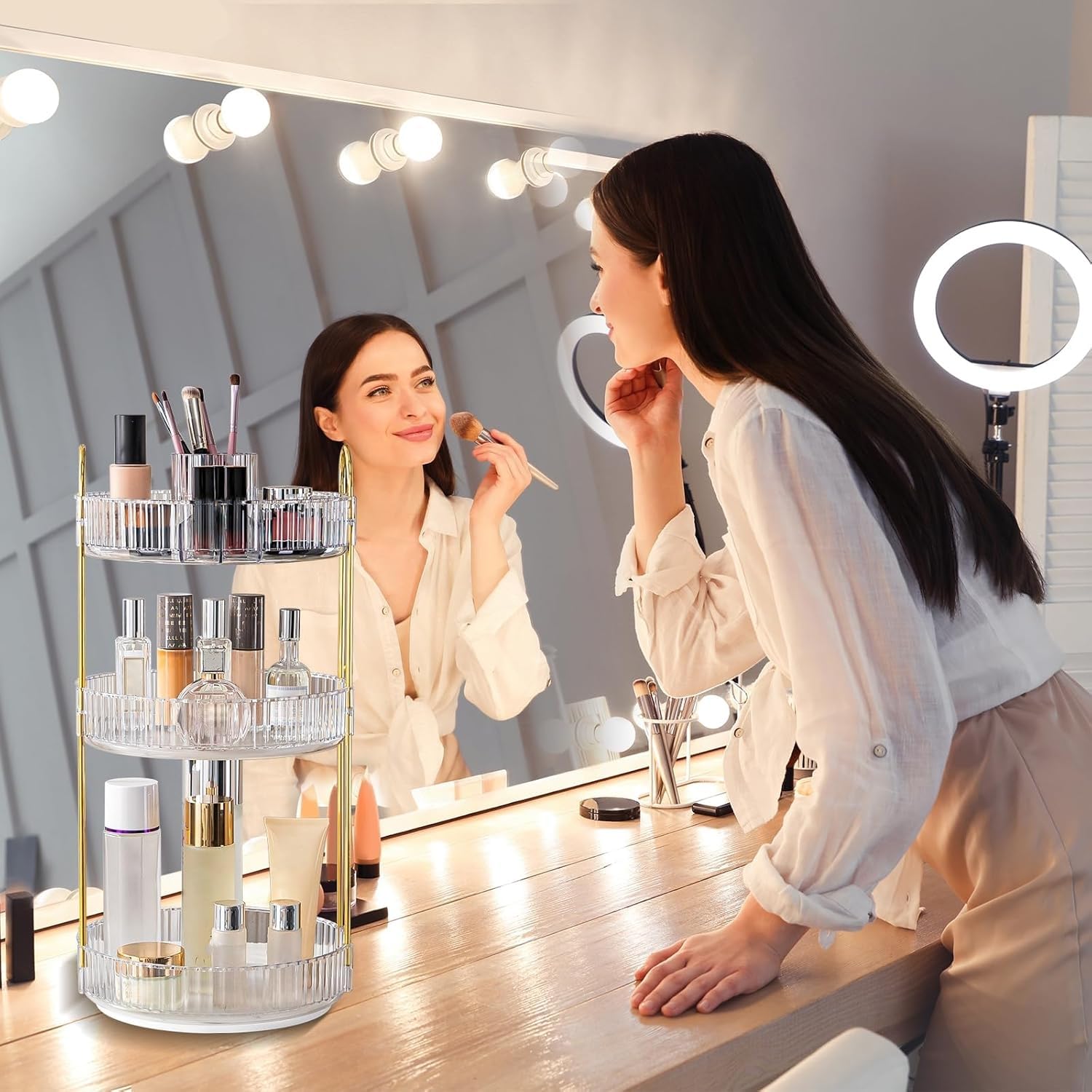 Oifecsie large-capacity 3-tier storage keeps skincare and cosmetics neatly organized.