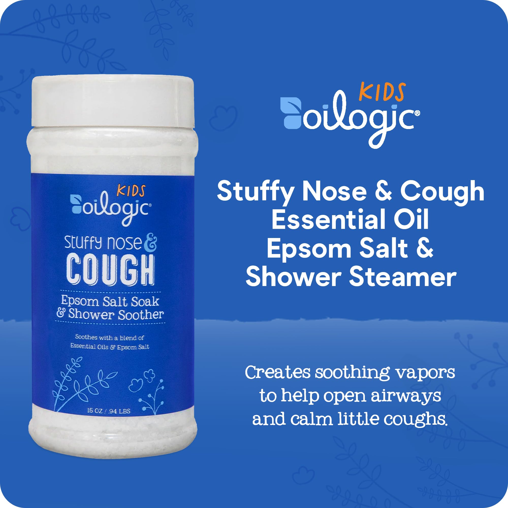 Oilogic Kids Stuffy Nose Cough bath vapors image promoting calming breathing.