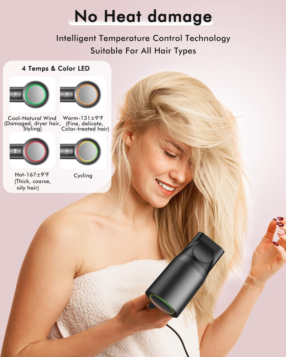OIMYE cool air setting for gentle styling on color-treated hair.