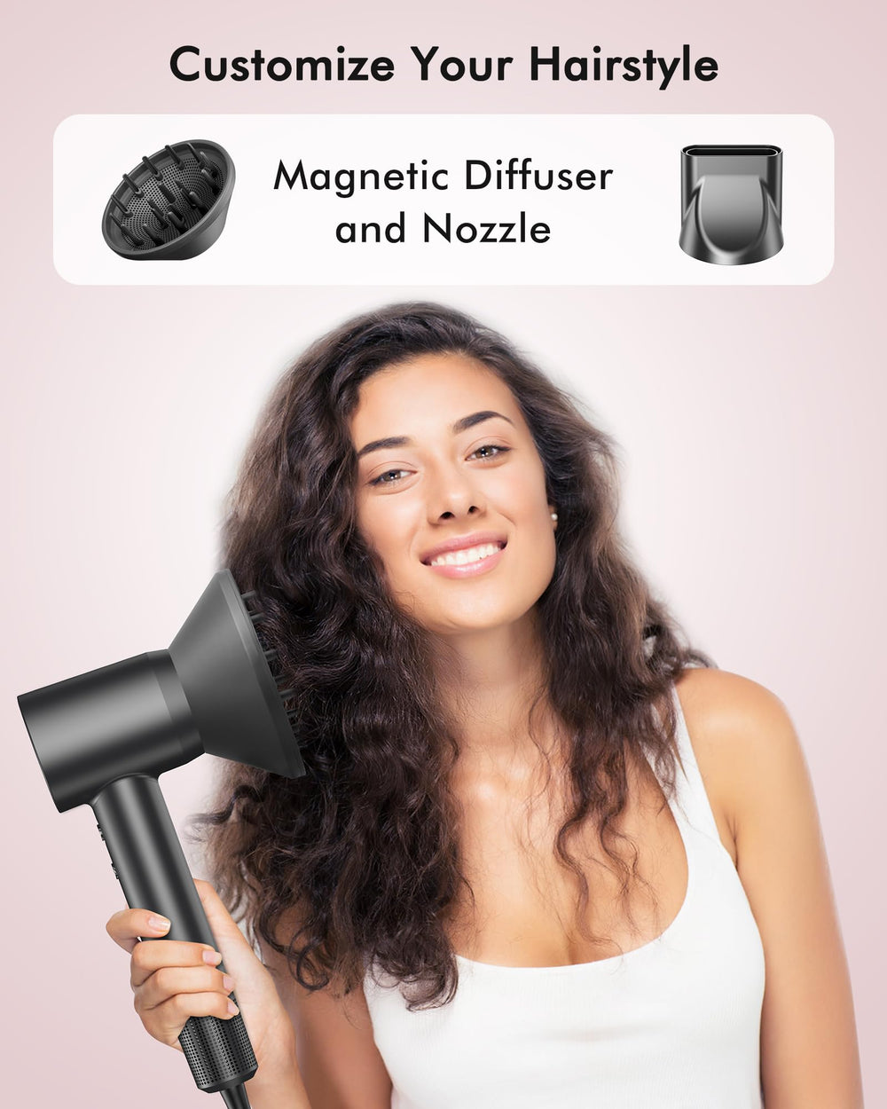 OIMYE dryer with diffuser and nozzle attachments for versatile styling.