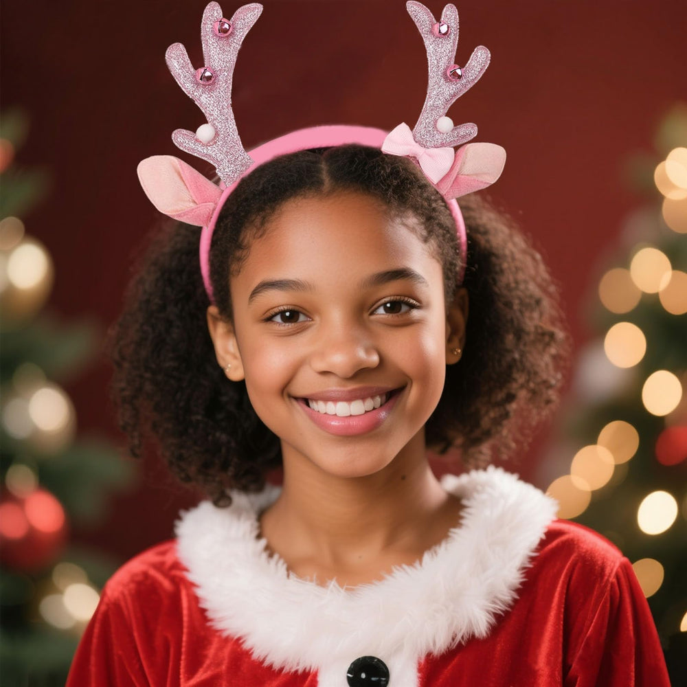 OIUUBBII deer antler headband with bow and silver bells adds magical holiday charm.
