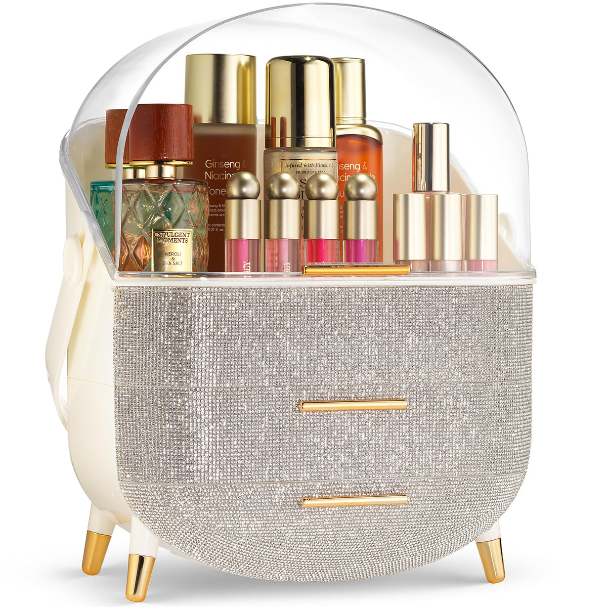 Oizeir Covered Makeup Countertop with clear lid shields dust while keeping cosmetics visible.