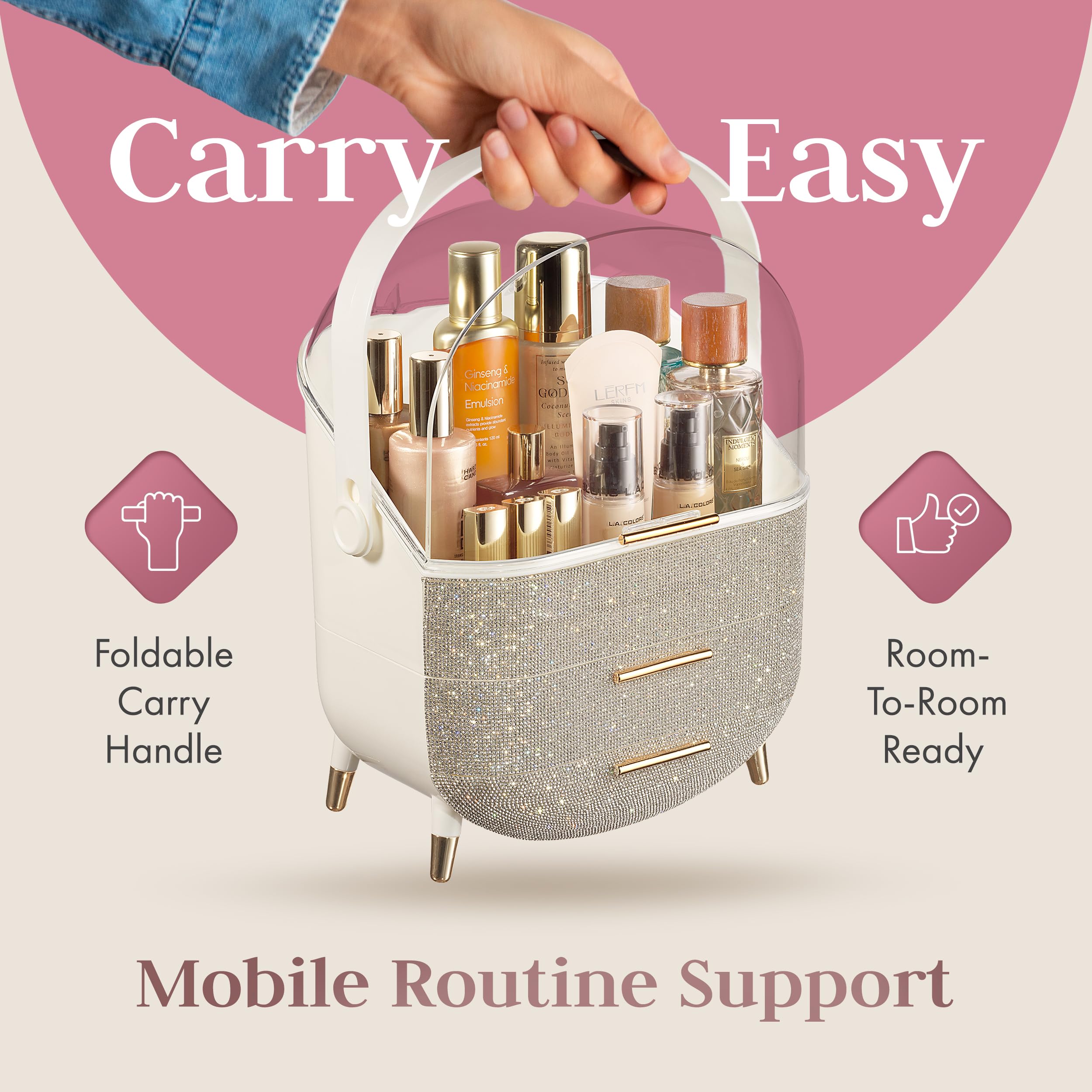Oizeir cosmetic storage keeps brushes, palettes, and tools neatly arranged.