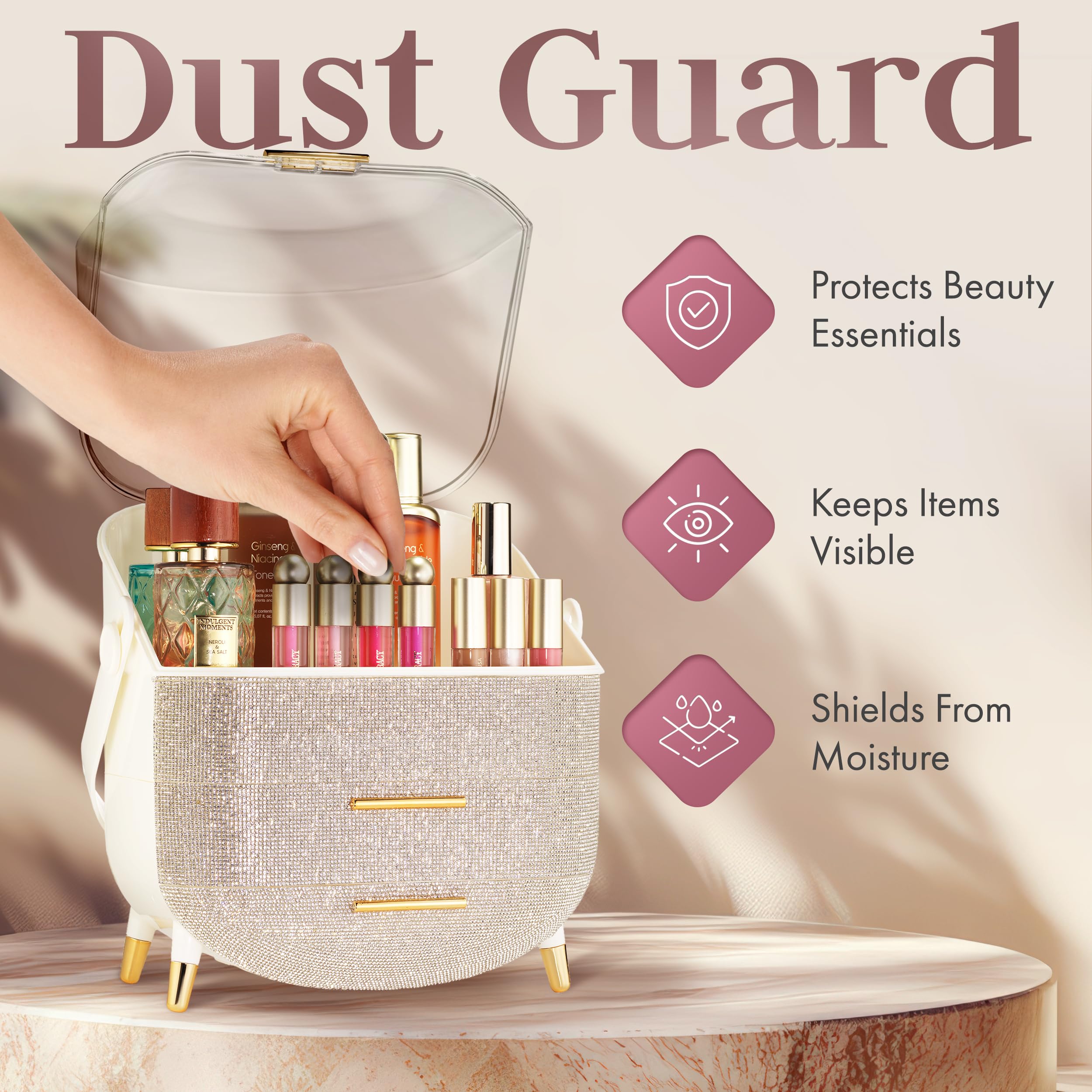 Oizeir lid protects items and upright full-size bottles on display.