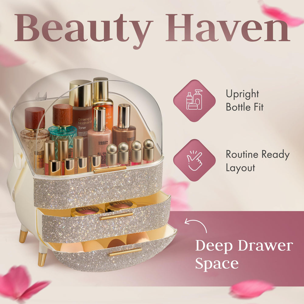 Oizeir oval-shaped cosmetic organizer adds sleek vanity storage and style.