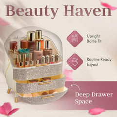 Oizeir oval-shaped cosmetic organizer adds sleek vanity storage and style.