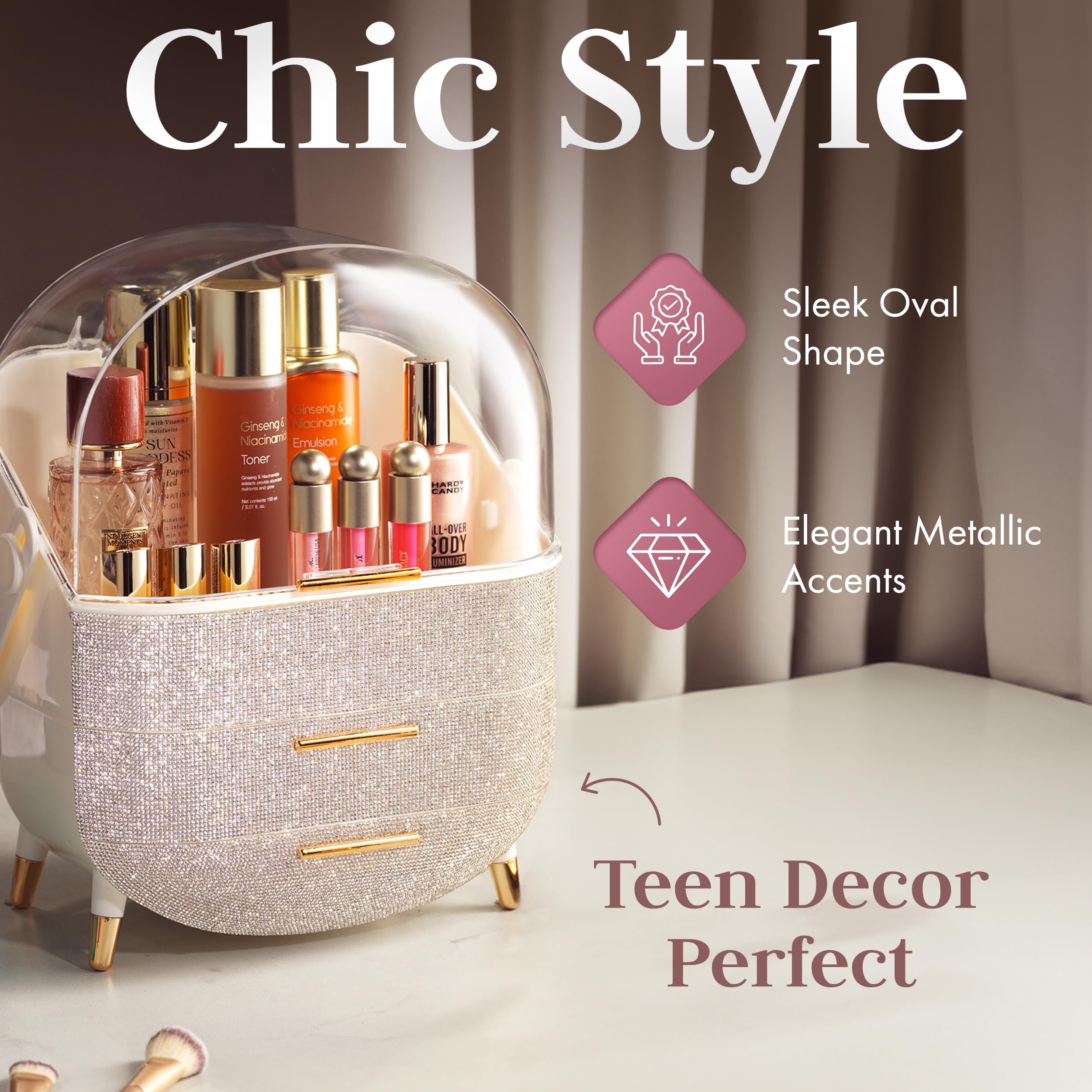 Oizeir makeup organizer with storage drawers offers organized compartments for daily skincare.