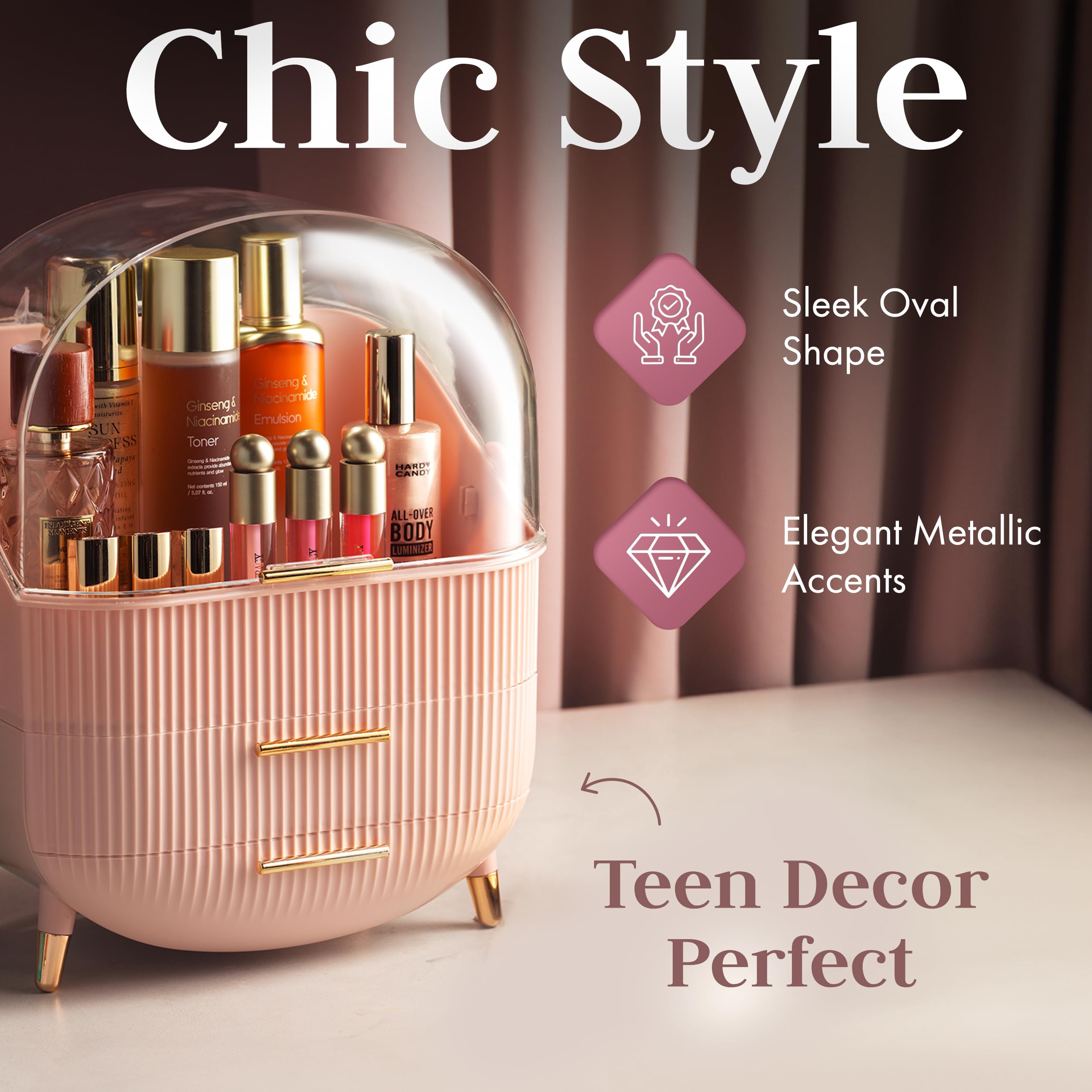 Oizeir Covered Makeup Countertop demonstrates full-organization for daily routines