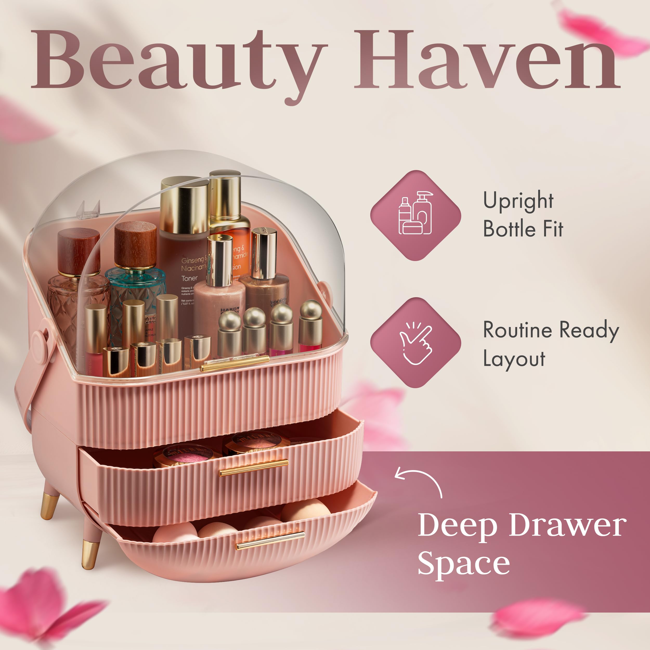 Oizeir Covered Makeup Countertop pink finish with metallic accents enhances aesthetics and storage