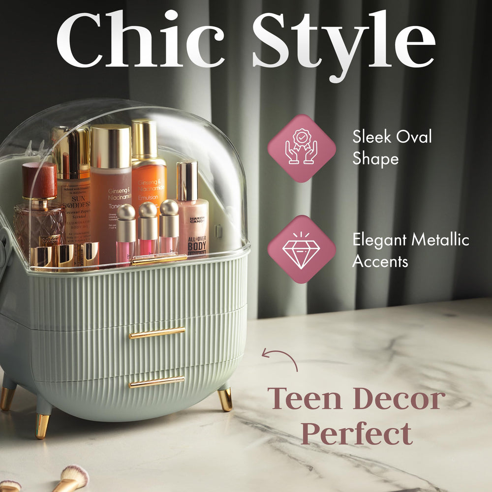 Oizeir Covered Makeup Countertop on vanity creates organized clutter-free space.