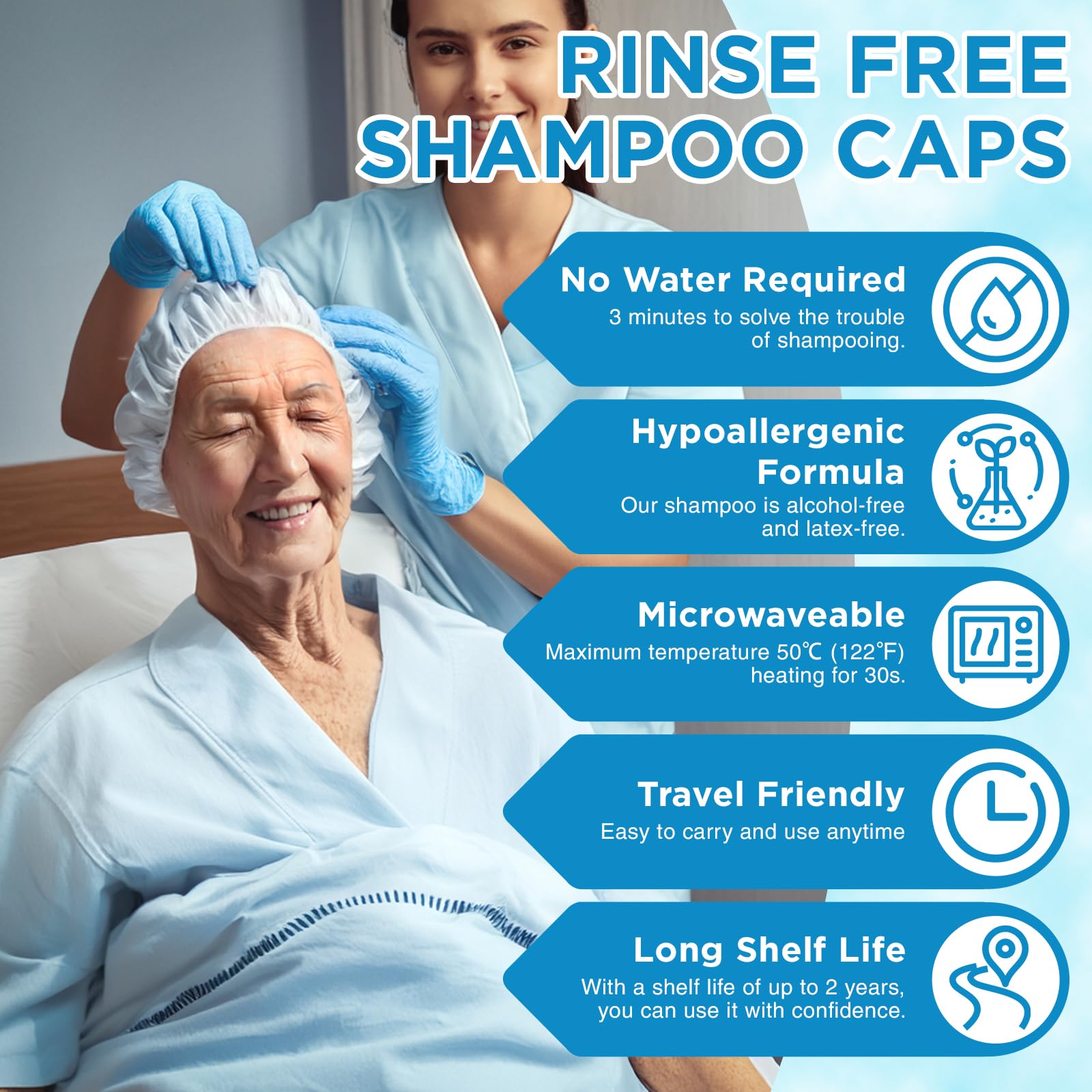 OK TAPE No Water Shampoo Cap worn on hair demonstrates rinse-free cleansing