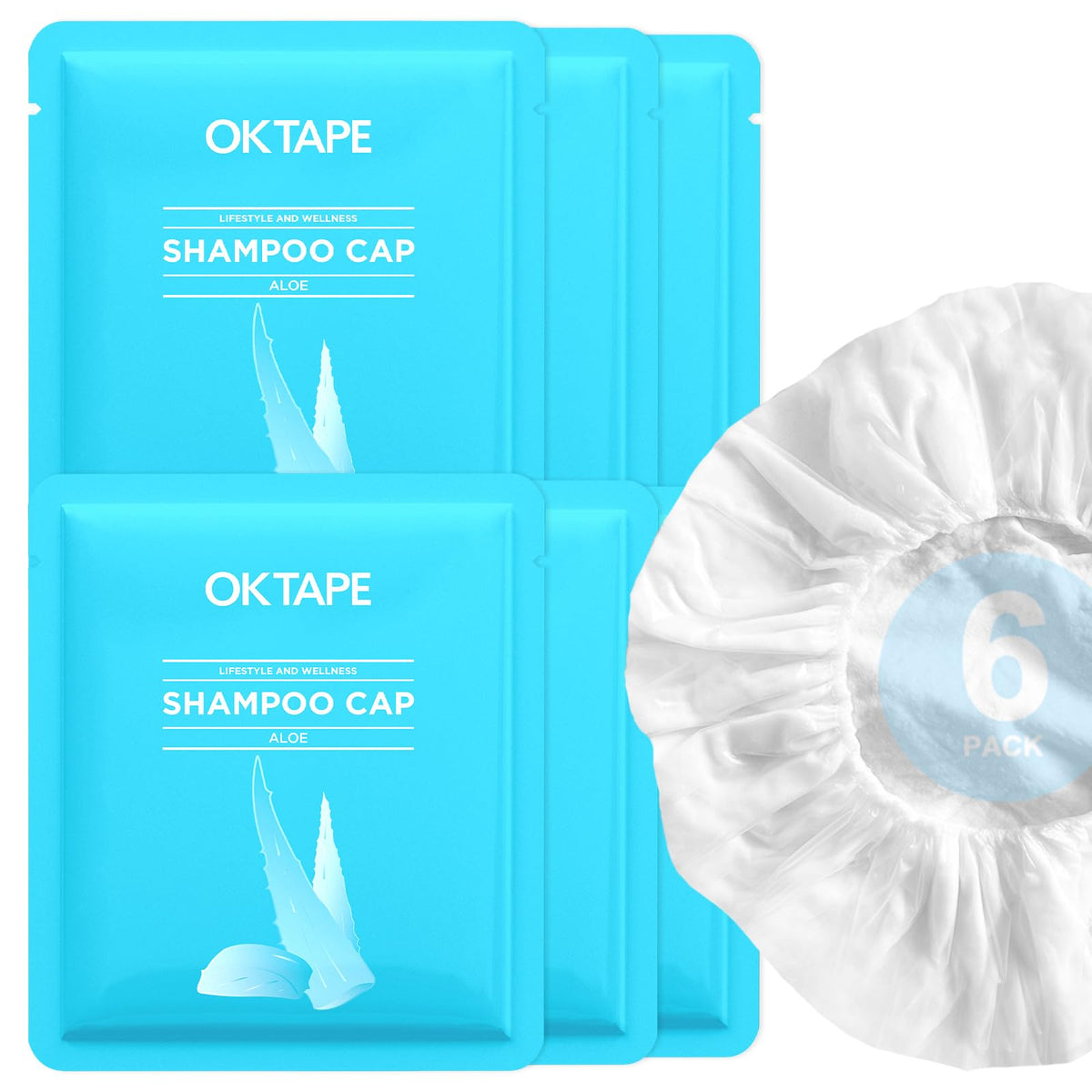 OK TAPE No Water Shampoo Cap packaging shows individual sachets for travel