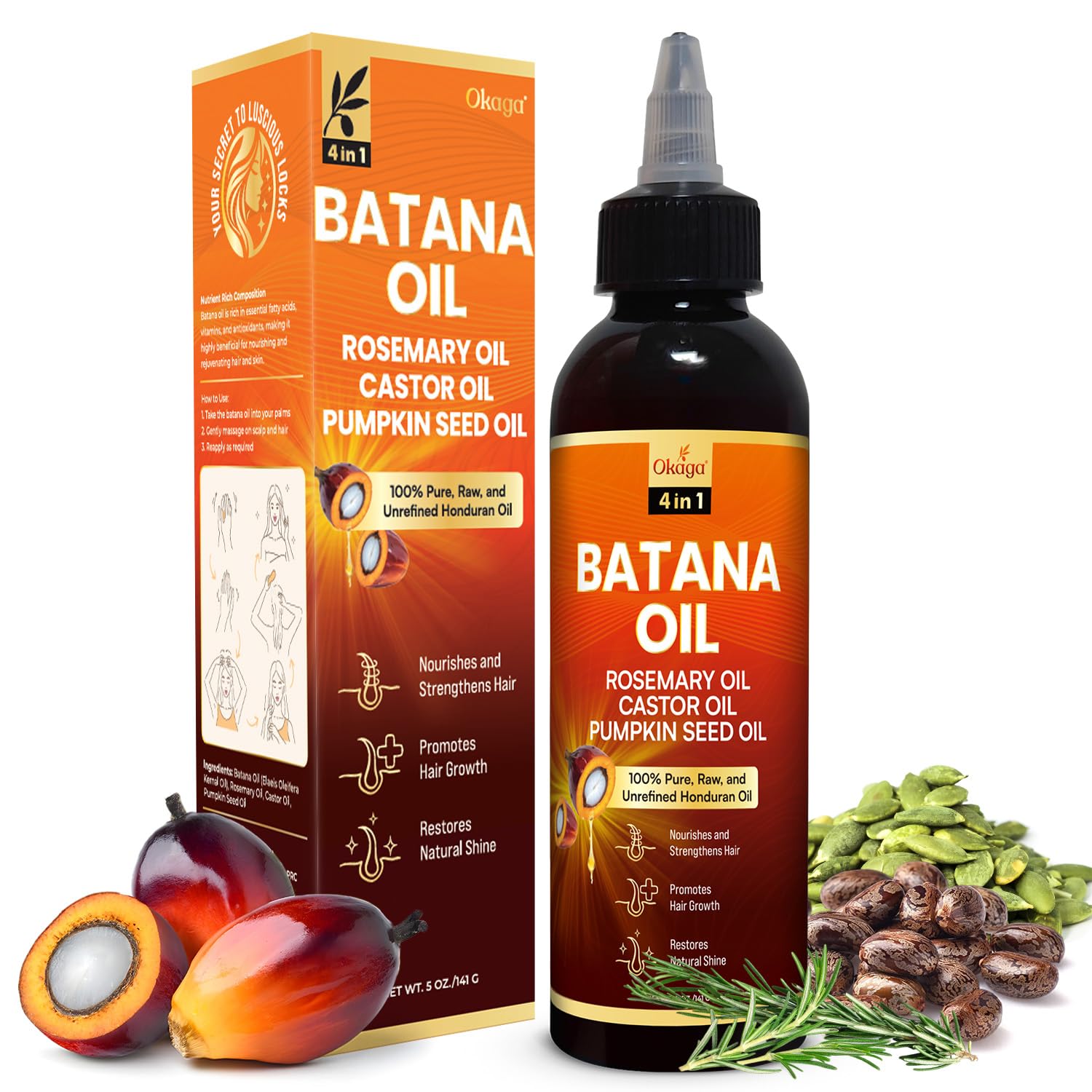 Okaga Batana Oil bottle front view highlighting Honduran formula for nourished, silky hair