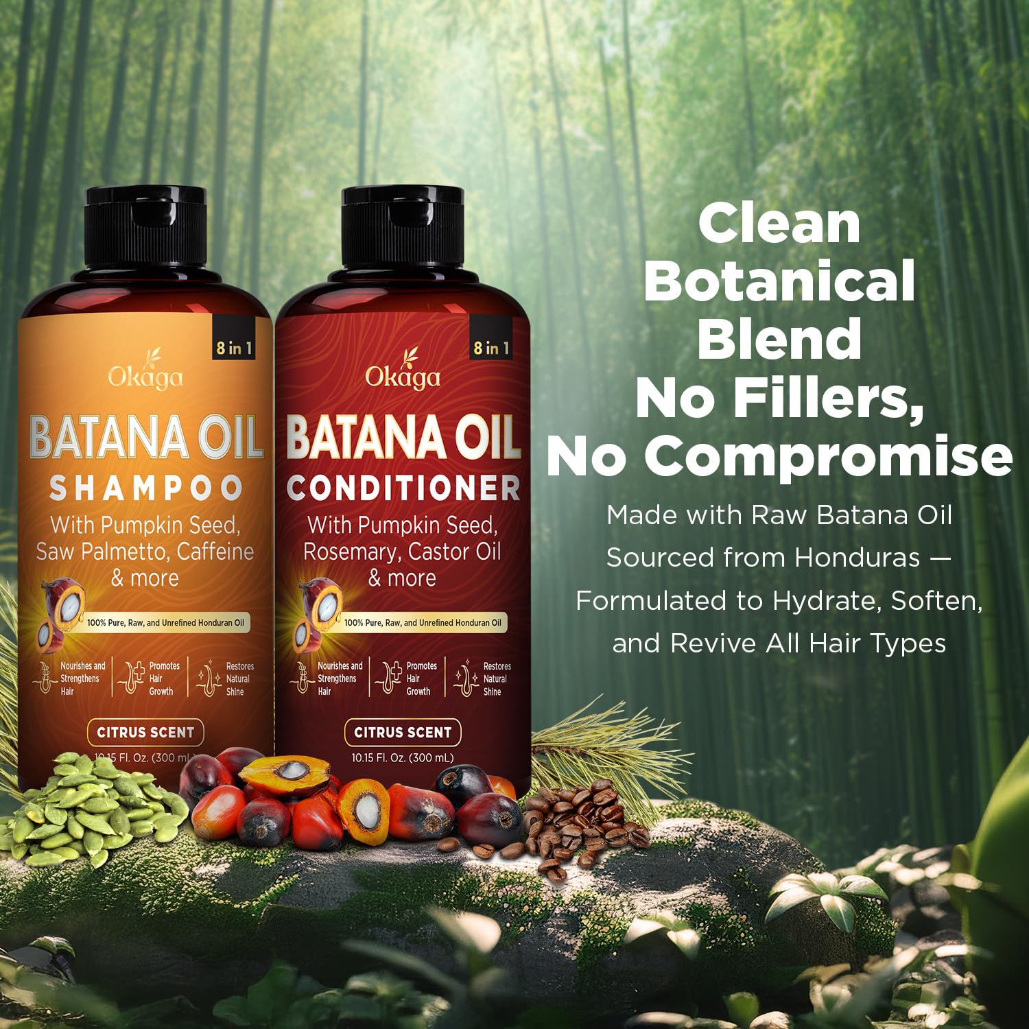 Okaga Batana Oil Conditioner bottle highlighting lightweight, nourishing hydration.
