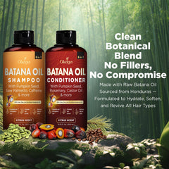 Okaga Batana Oil Conditioner bottle highlighting lightweight, nourishing hydration.