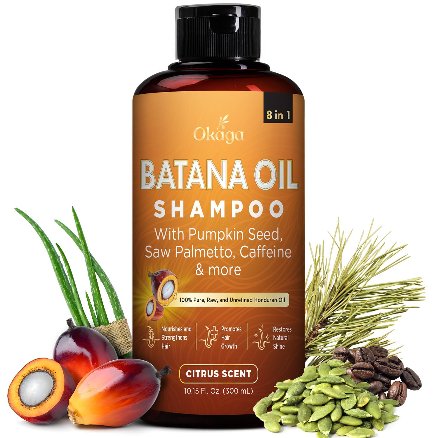 Okaga Batana Oil Shampoo bottle front with citrus scent for daily nourishing cleanse.