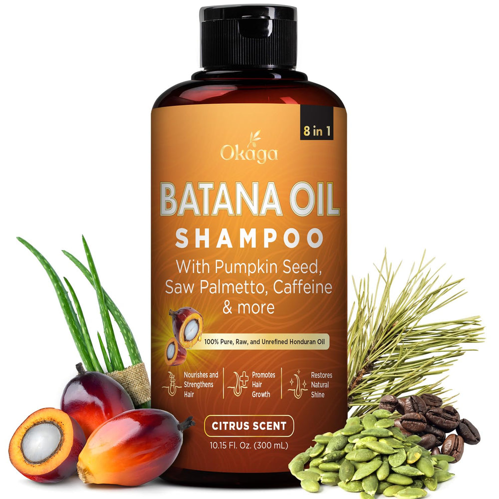 Okaga Batana Oil Shampoo bottle front with citrus scent for daily nourishing cleanse.