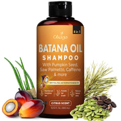 Okaga Batana Oil Shampoo bottle front with citrus scent for daily nourishing cleanse.