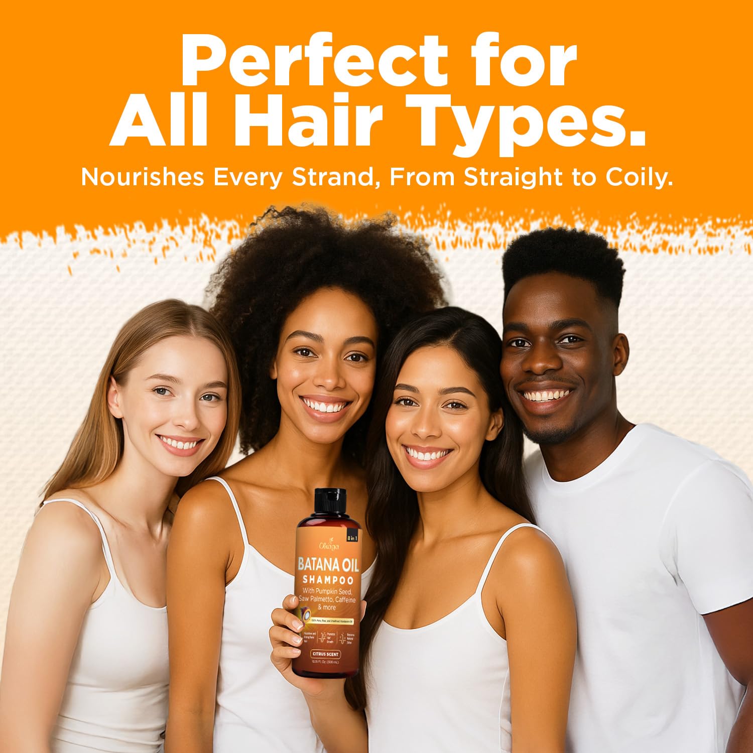 Okaga Batana Oil Shampoo citrus scent bottle highlighting refreshing aroma and scalp balance.