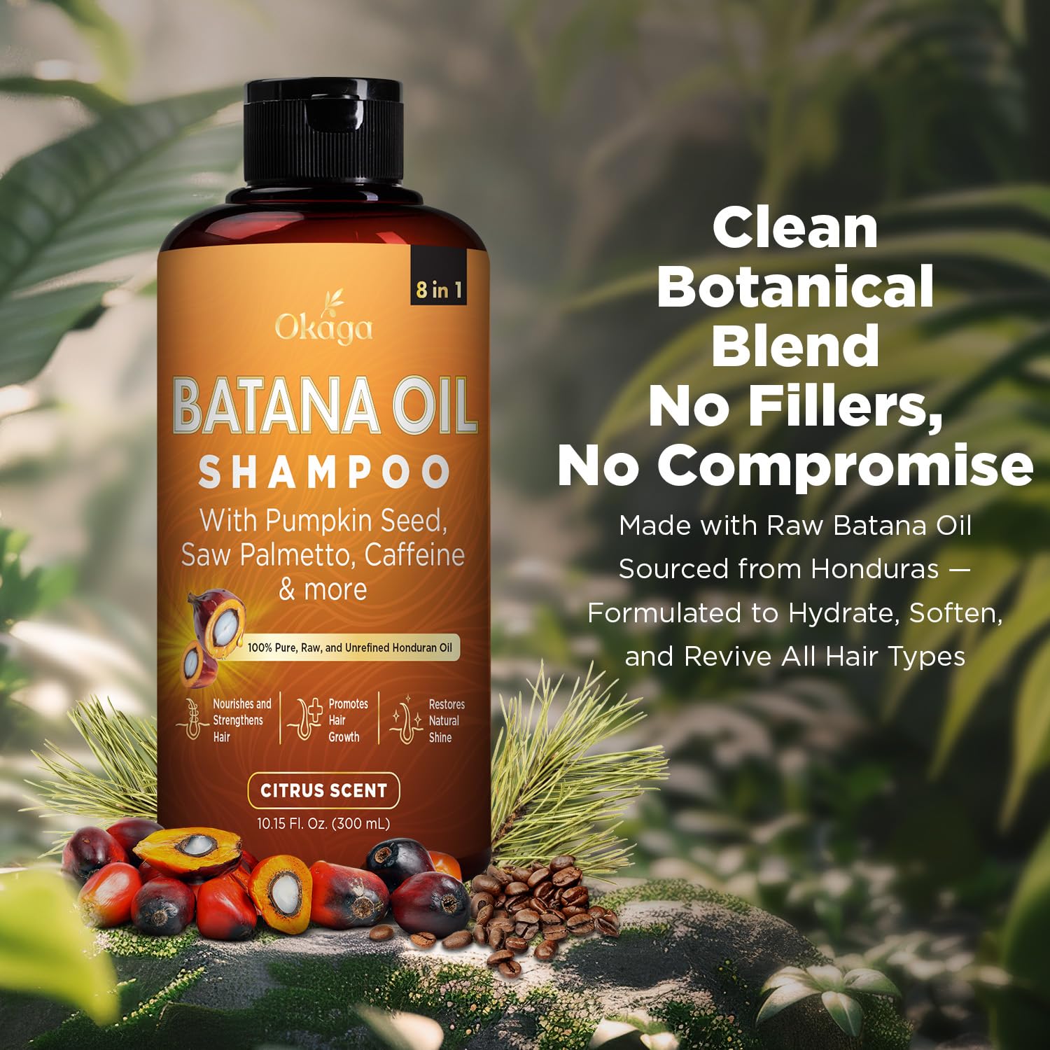 Okaga Batana Oil Shampoo hair growth closeup highlighting root-targeted ingredients.