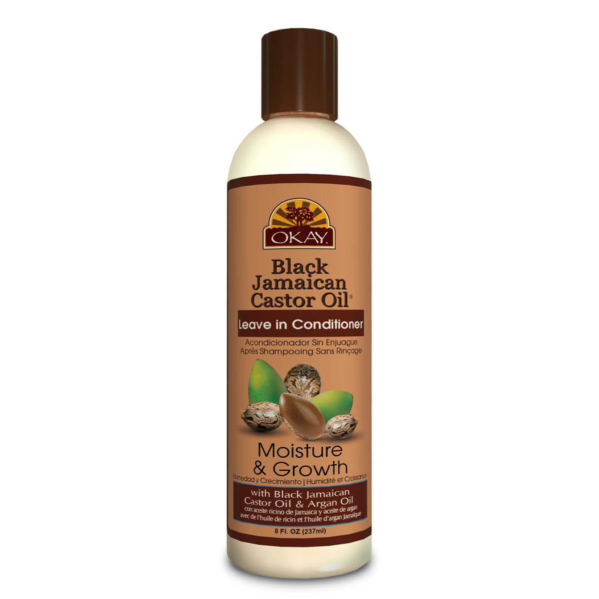 OKAY Black Jamaican Castor Oil Leave In Conditioner bottle for frizz control and smoothing.