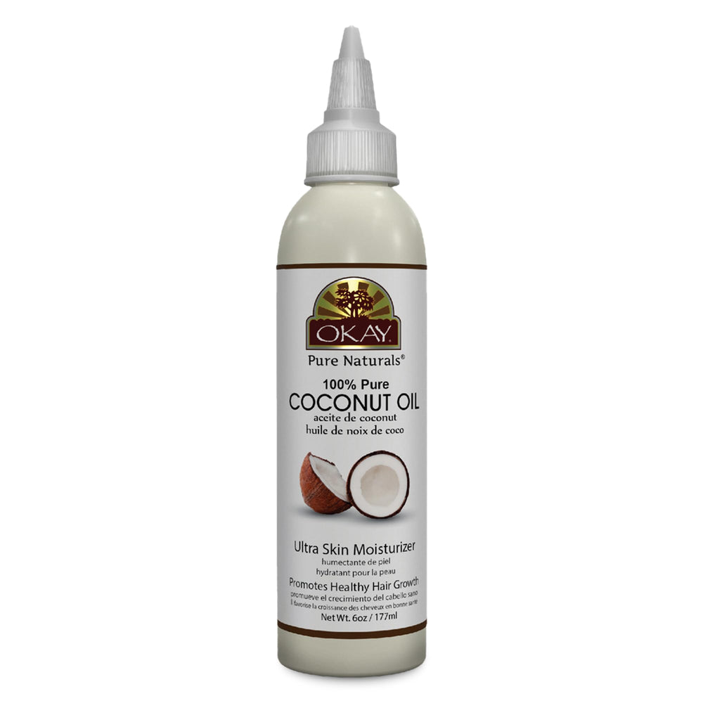 OKAY coconut oil bottle pour demonstrates versatile use for hair and skin care.
