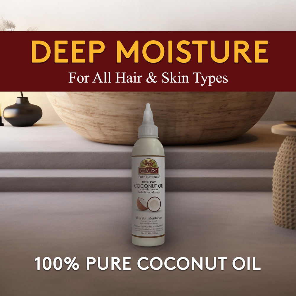 OKAY coconut oil hair-care close-up highlights deep conditioning and shine.