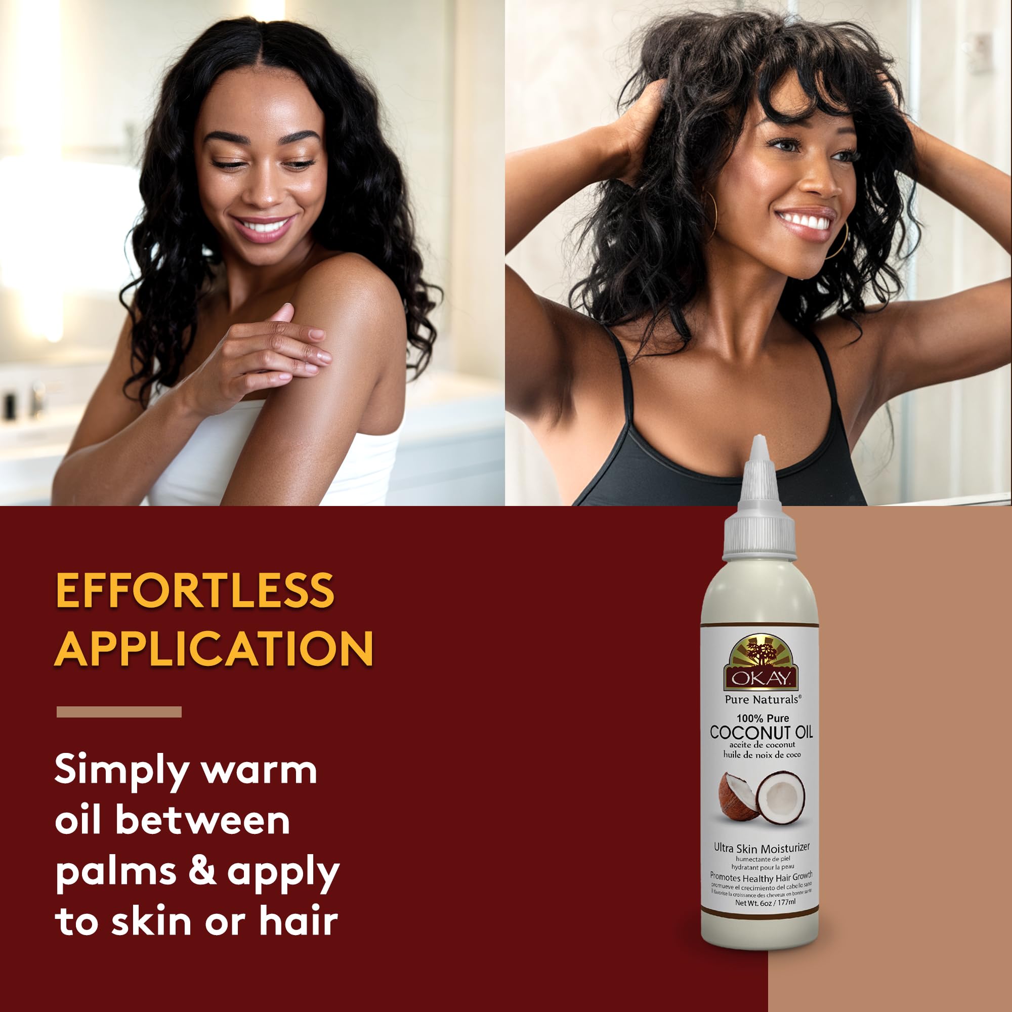 OKAY coconut oil massage-oil shot conveys soothing, fragrance-filled massage.