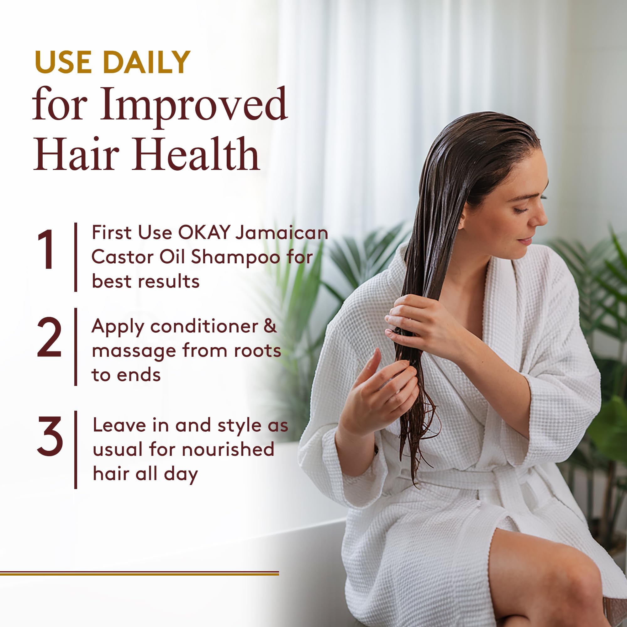 OKAY conditioner and shampoo pairing visual suggests enhanced hydration and cleansing routine.