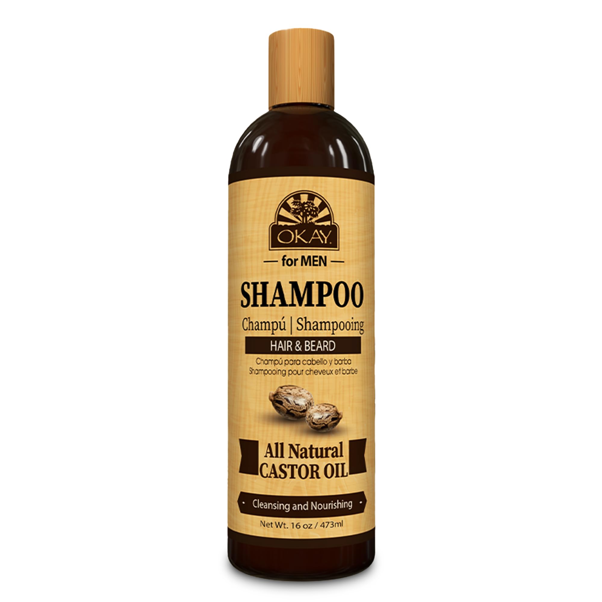 OKAY for MEN Castor Oil Shampoo bottle front, showcasing hydrating formula.
