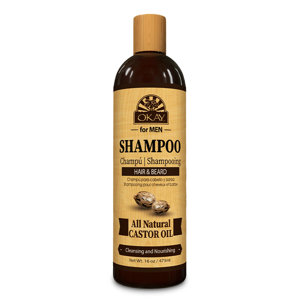 OKAY for MEN Castor Oil Shampoo bottle front, showcasing hydrating formula.